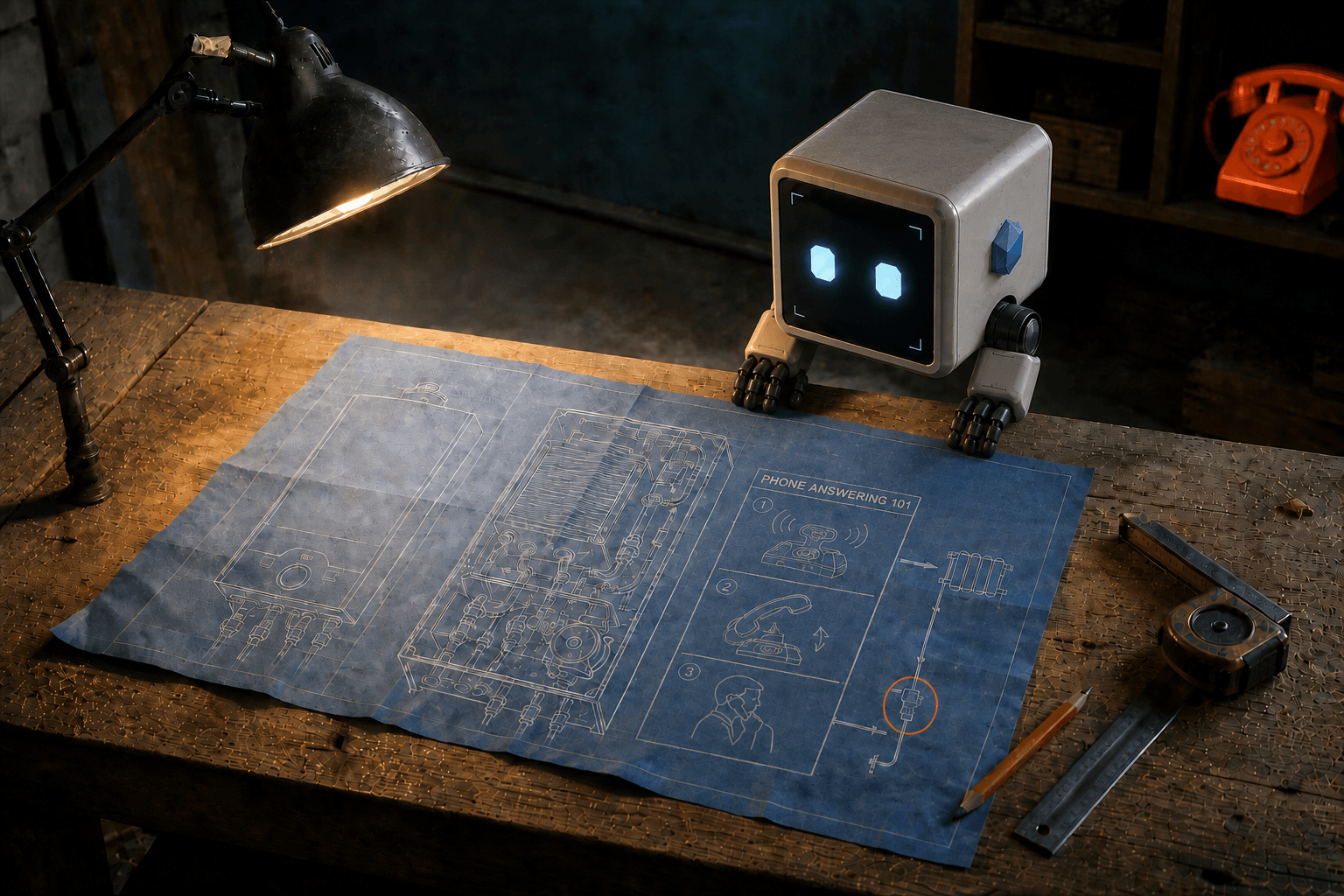 Praxi reviewing a boiler repair blueprint with a small phone-answering guide and an orange telephone on the workshop shelf