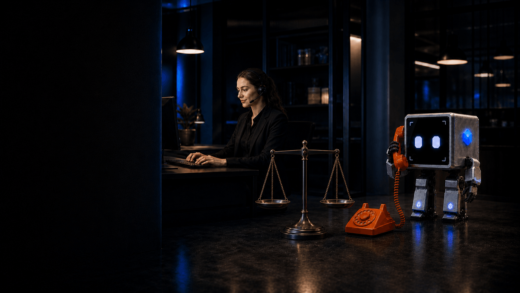 Praxi and a human call handler shown on opposite sides of a balanced scale