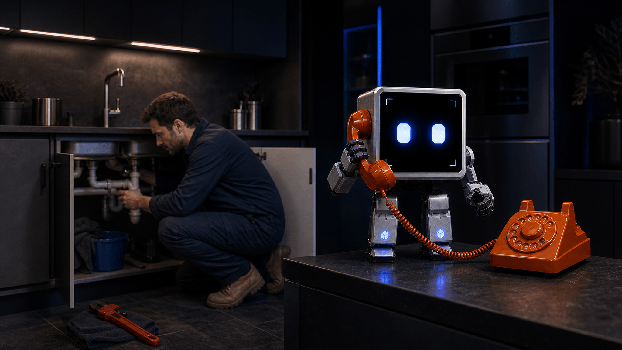 A plumber works beneath a sink while Praxi answers the business phone