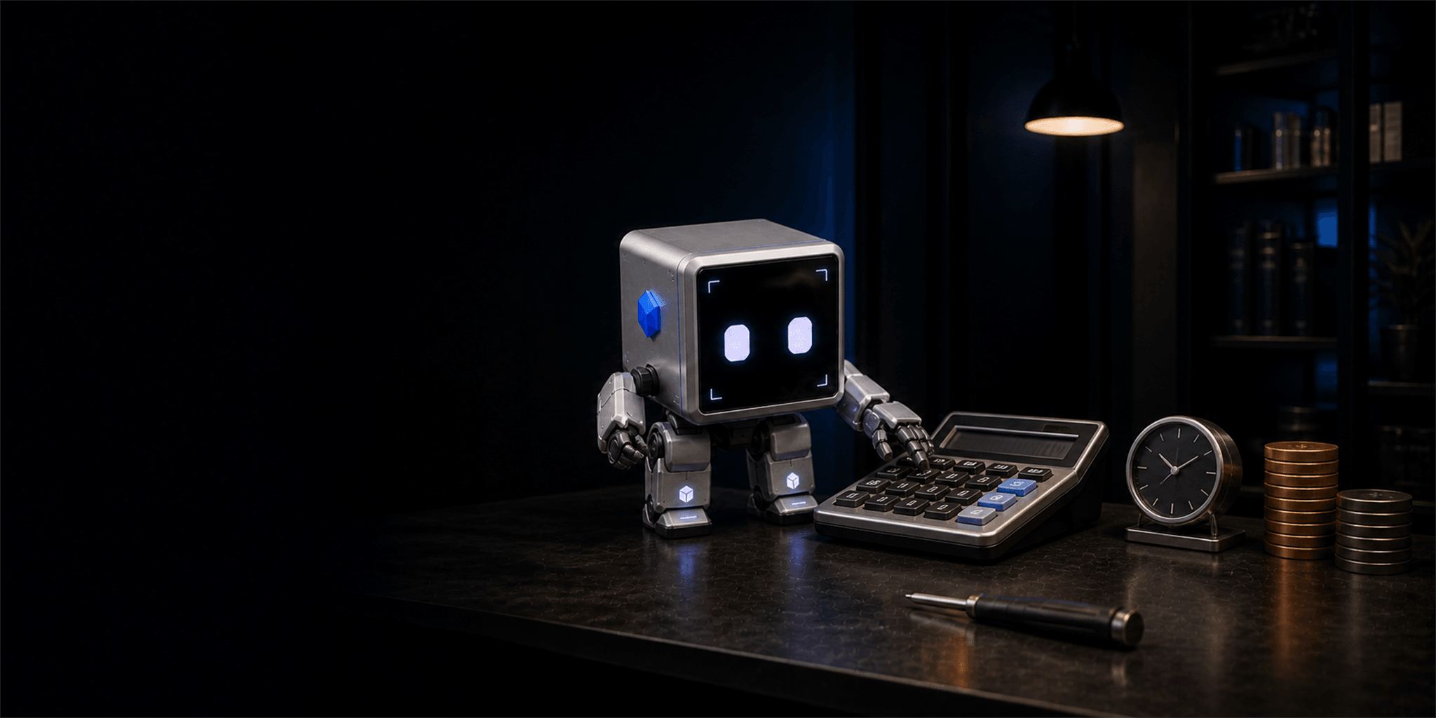 Praxi working with a calculator beside a clock and value tokens, representing recovered time and revenue