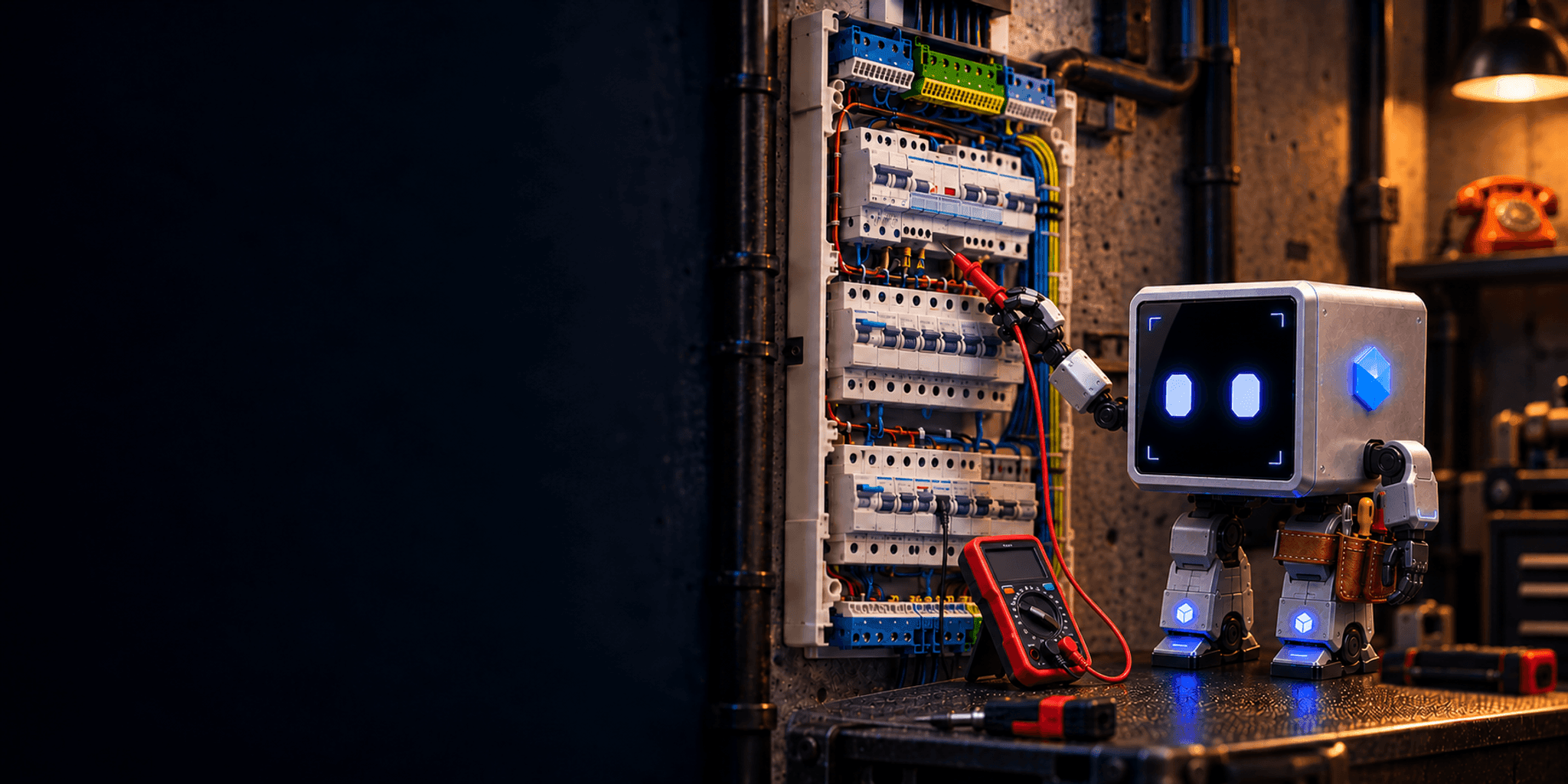 Praxi, the Praxum robot, testing a fuse board with a multimeter beside an orange telephone