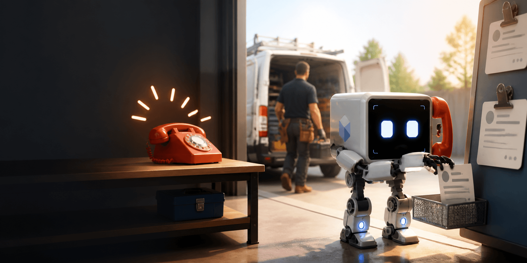 Praxi securing a missed phone enquiry as a job while a busy tradesperson heads to a service van