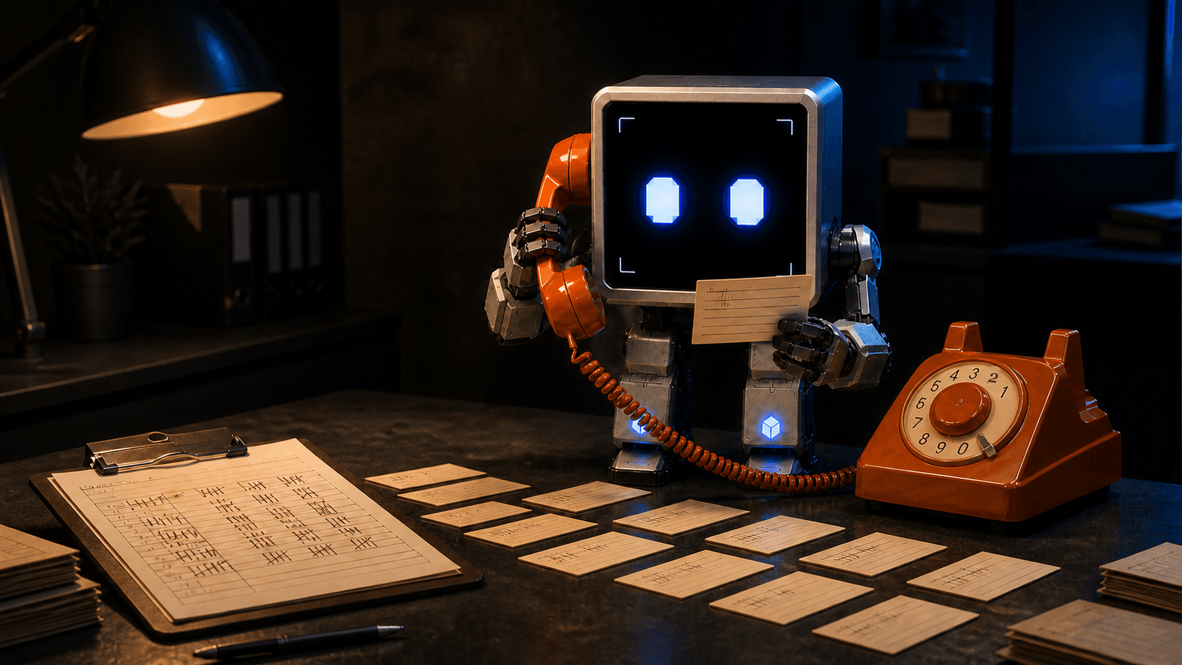 Praxi reviewing anonymous call records beside an orange telephone