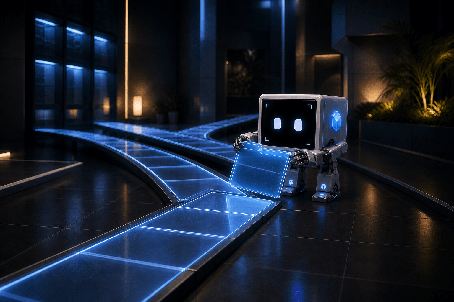 Praxi completing an illuminated, gently sloped pathway with several clear routes
