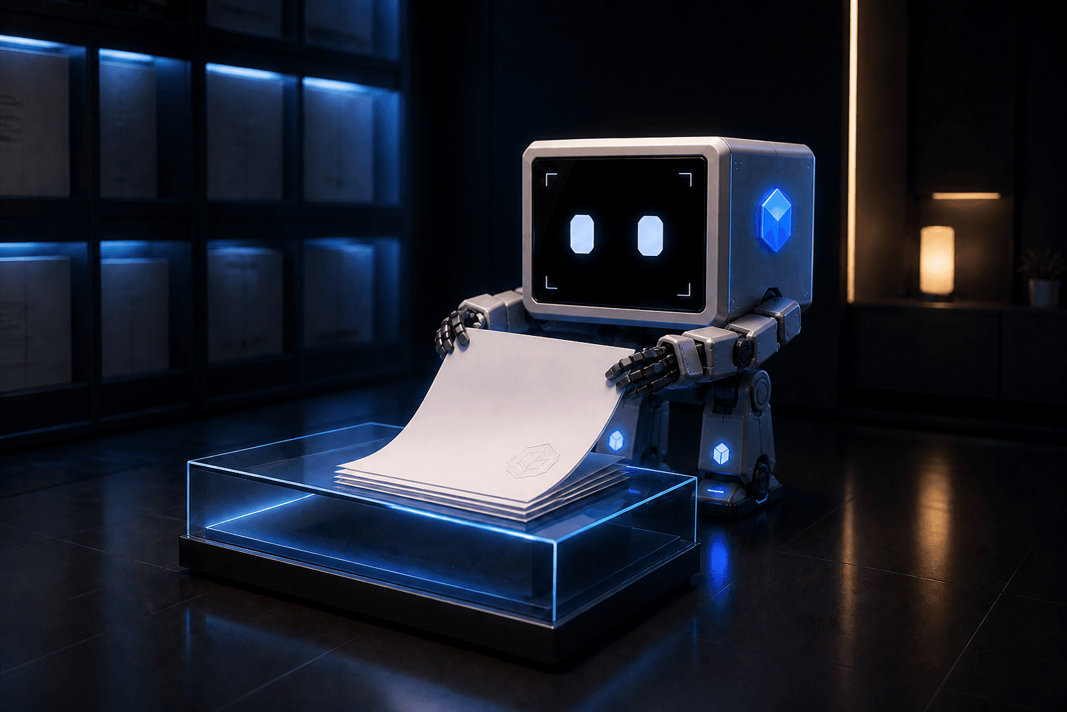 Praxi carefully reviewing and arranging a set of terms on an illuminated glass desk