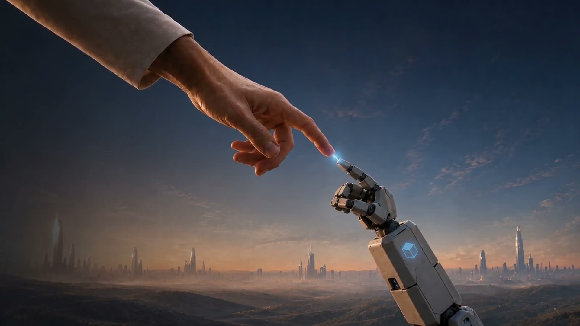 A tradesperson’s hand meeting Praxi’s smaller robotic hand, above a hazy landscape at dusk