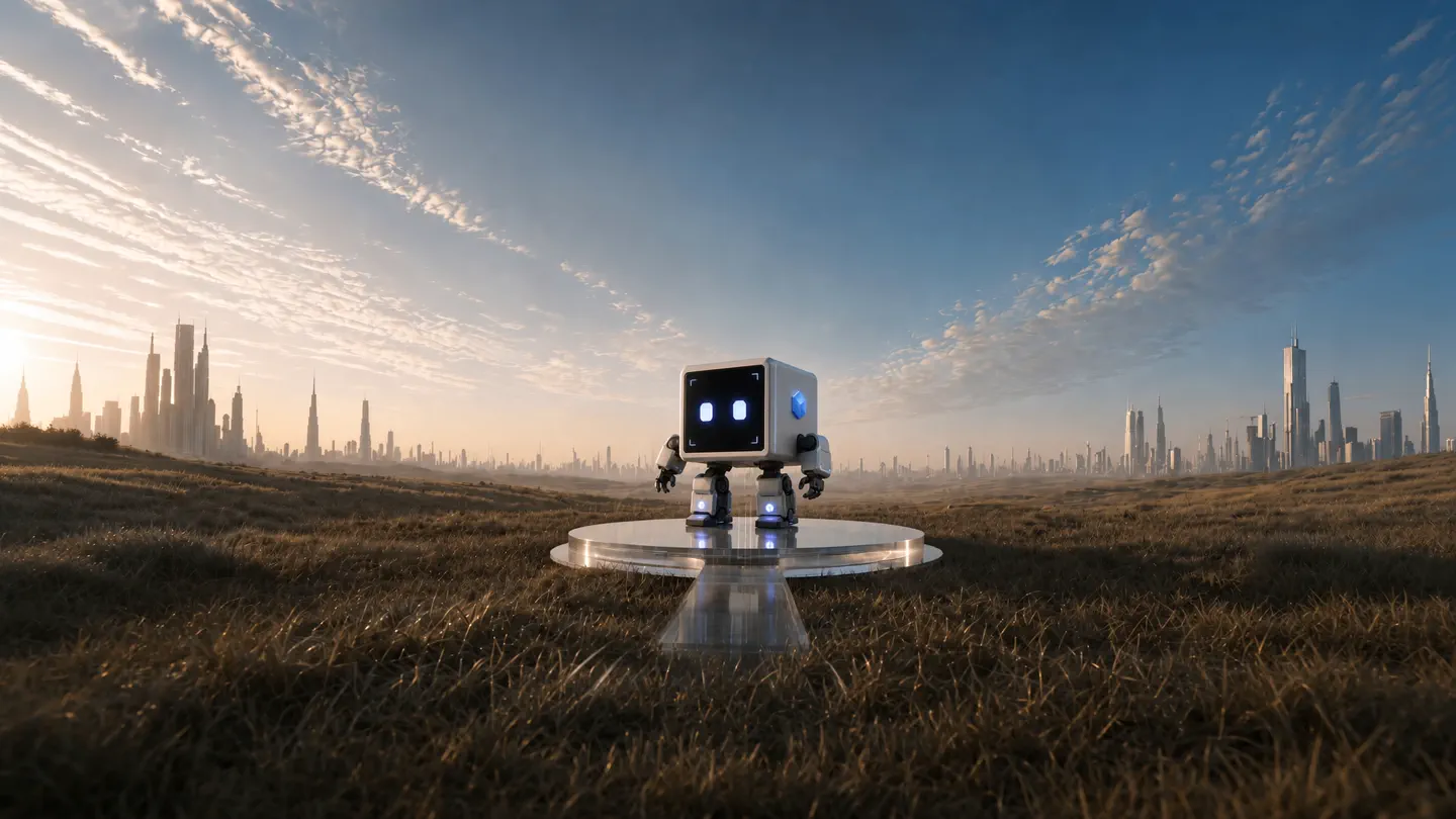 Praxi the Praxum robot on a glass hub as channels extend outward and pillars light up with phone, chat, location and 24/7 icons